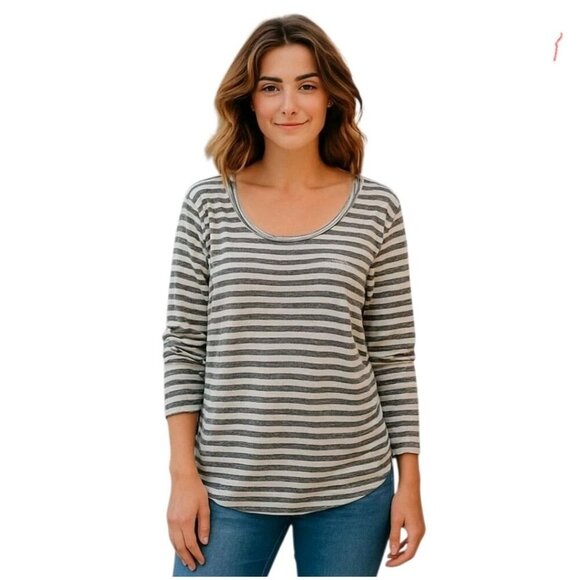 Vintage Sinuous Cream Striped Scoop Neck Long Sleeve Pullover Top Women Size L - Picture 1 of 10